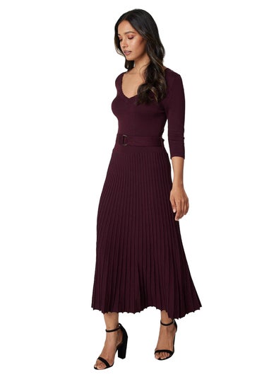 Izabel London Burgundy Pleated Midi Knit Dress