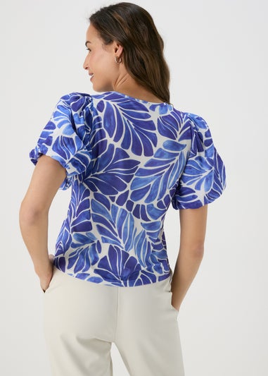 Et Vous Blue & White Puff Sleeve Leaf Print Top