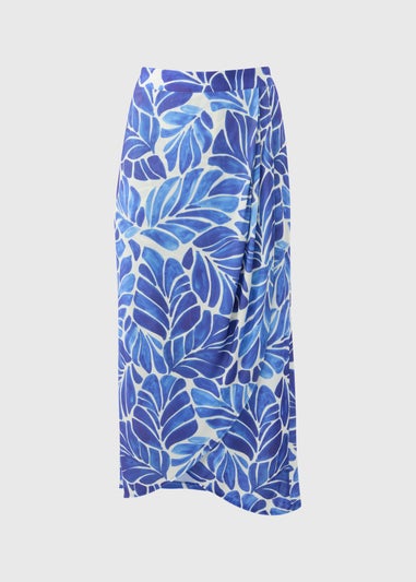 Blue & White Leaf Print Midi Skirt