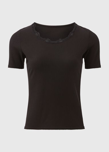 Black Lace Trim Ribbed Top