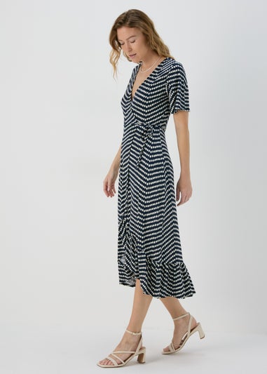 Navy Spot Design Frill Hem Midi Wrap Dress