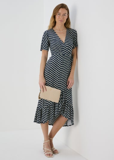 Navy Spot Design Frill Hem Midi Wrap Dress