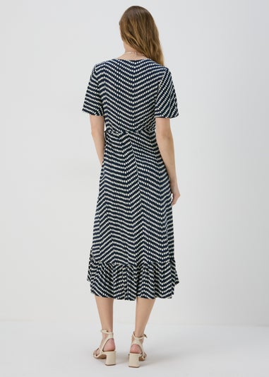 Navy Spot Design Frill Hem Midi Wrap Dress