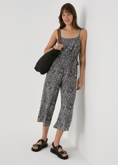 Black Mono Ditsy Strappy Jumpsuit