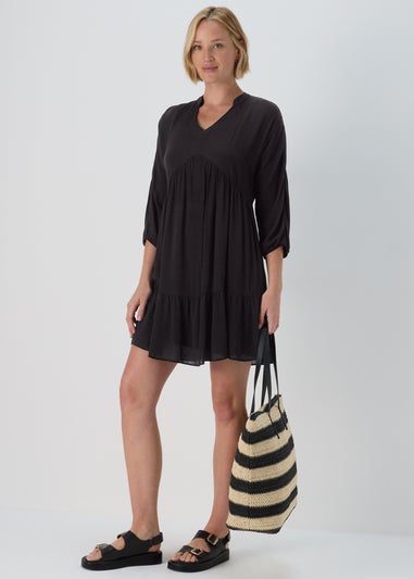 Black Crinkle Trim Smock Dress