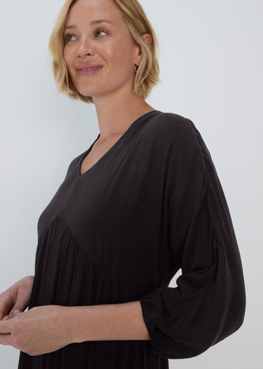 Black Crinkle Trim Smock Dress