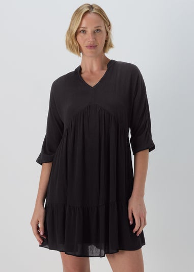 Black Crinkle Trim Smock Dress