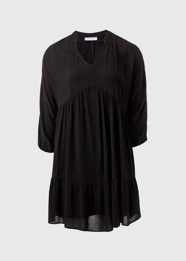 Black Crinkle Trim Smock Dress