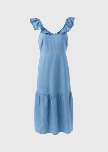 Light Wash Denim Frill Midi Dress