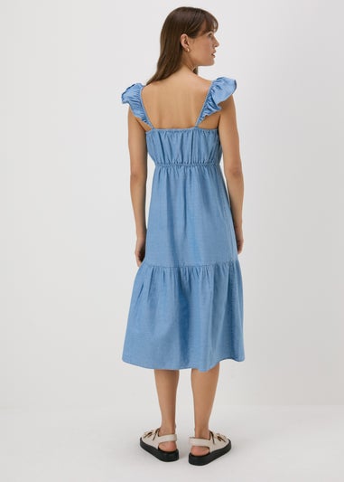 Light Wash Denim Frill Midi Dress