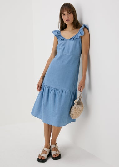 Light Wash Denim Frill Midi Dress