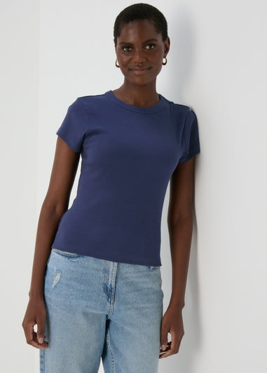 Blue Plain Ribbed T-Shirt