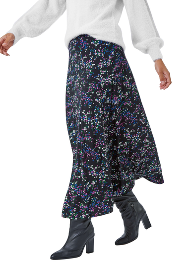 Roman Black Ditsy Floral Stretch Midi Skirt