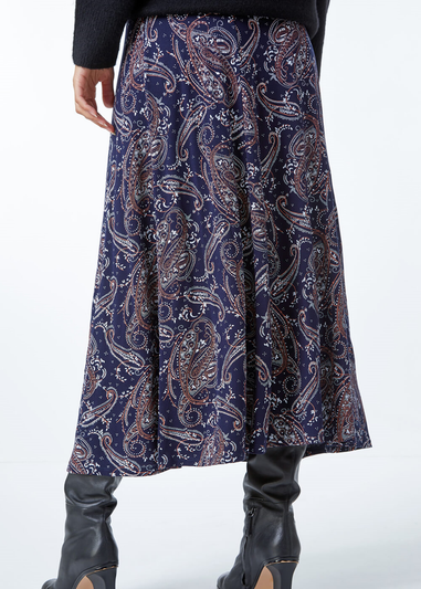 Roman Midnight Blue Paisley Print Elastic Waist Midi Skirt