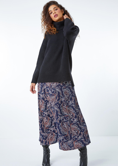 Roman Midnight Blue Paisley Print Elastic Waist Midi Skirt