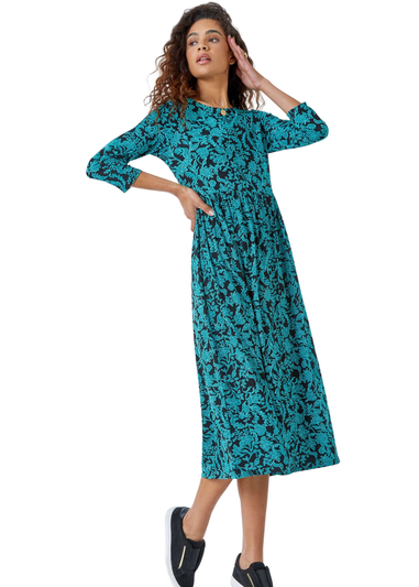 Roman Teal Leaf Print Midi Stretch Dress