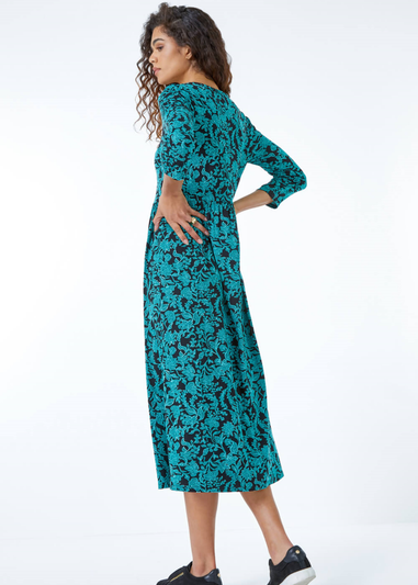 Roman Teal Leaf Print Midi Stretch Dress