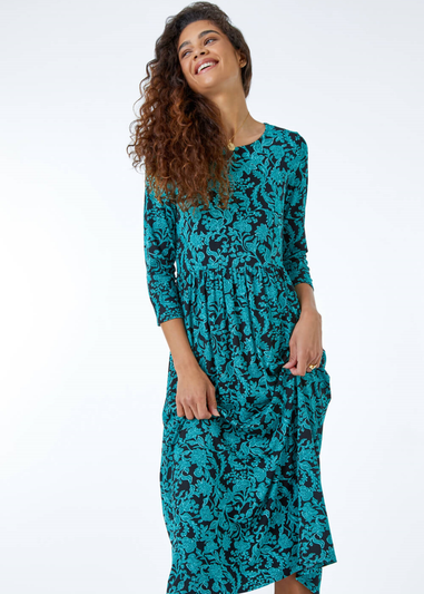 Roman Teal Leaf Print Midi Stretch Dress