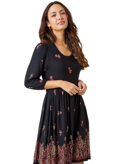 Roman Copper Paisley Border Print Jersey Dress