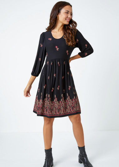 Roman Copper Paisley Border Print Jersey Dress