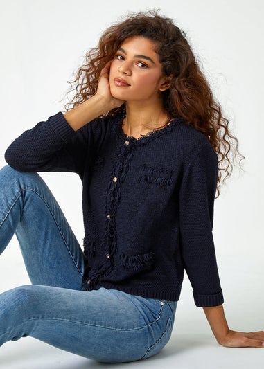 Roman Navy Button Detail Fringe Knit Jacket