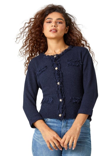 Roman Navy Button Detail Fringe Knit Jacket