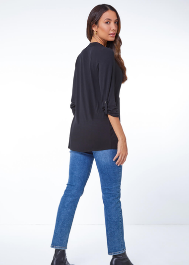 Roman Black Plain V-Neck Button Detail Tunic Top