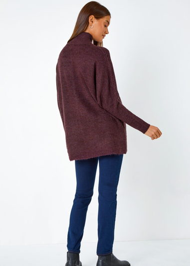 Plum Cable Knit Roll Neck Stretch Longline Jumper
