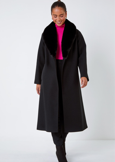 Roman Petite Black Faux Fur Collar Longline Coat