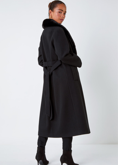 Roman Petite Black Faux Fur Collar Longline Coat