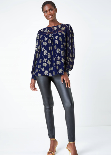 Roman Midnight Blue Metallic Floral Print Ladder Lace Top