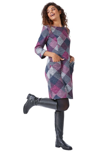 Roman Pink Check Print Pocket Shift Dress