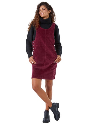 Roman Wine Button Corduroy Pinafore Shift Dress