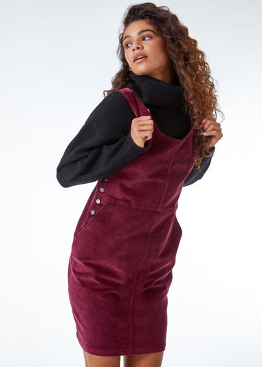 Roman Wine Button Corduroy Pinafore Shift Dress