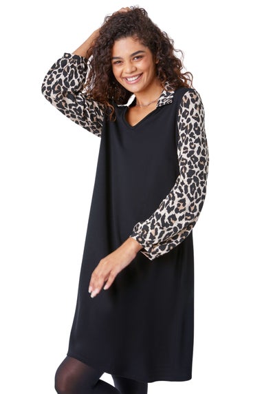 Roman Black Contrast Leopard Print Swing Dress