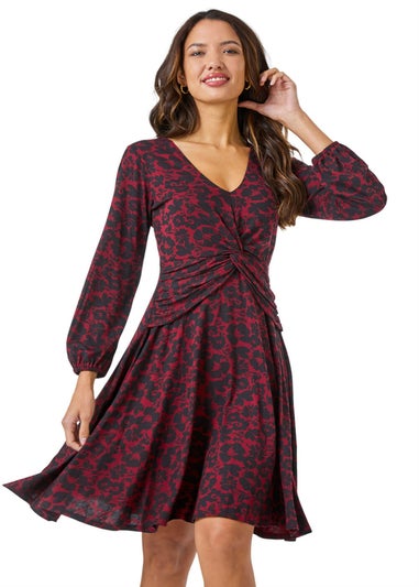 Roman Red Floral Twist Stretch Ruched Jersey Dress
