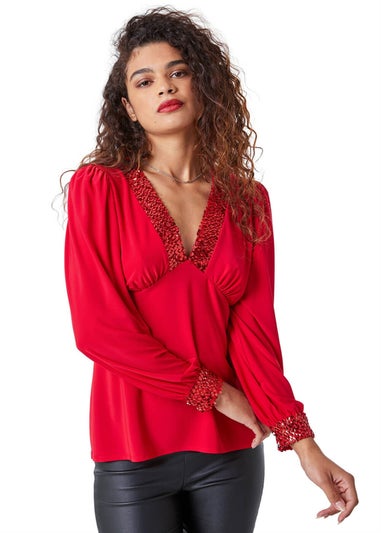 Roman Red Sequin Trim V-Neck Stretch Top