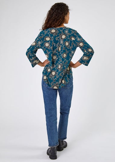 Roman Green Textured Floral Print Notch Neck Top