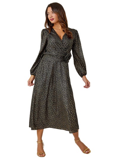 Roman Black Metallic Star Print Corsage Midi Wrap Dress