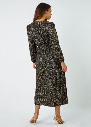 Roman Black Metallic Star Print Corsage Midi Wrap Dress