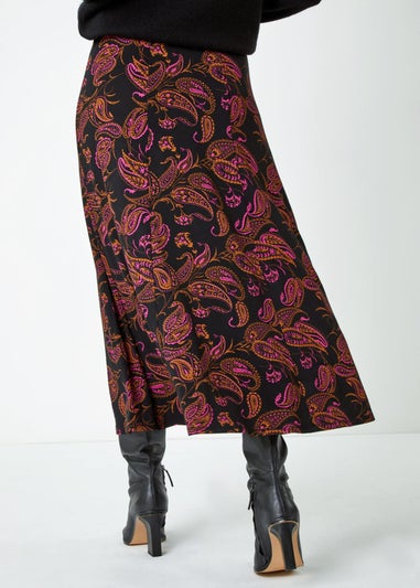 Roman Pink Paisley Print Midi Stretch Skirt