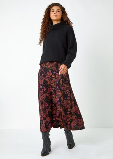 Roman Pink Paisley Print Midi Stretch Skirt