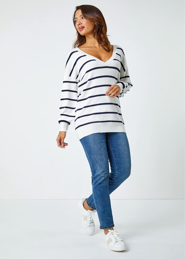 Roman Ivory Stripe Print Knitted V-Neck Longline Jumper