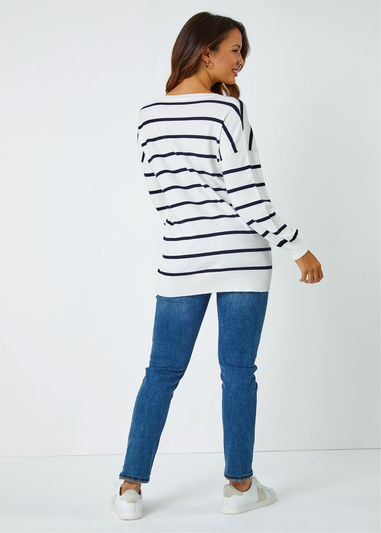 Roman Ivory Stripe Print Knitted V-Neck Longline Jumper