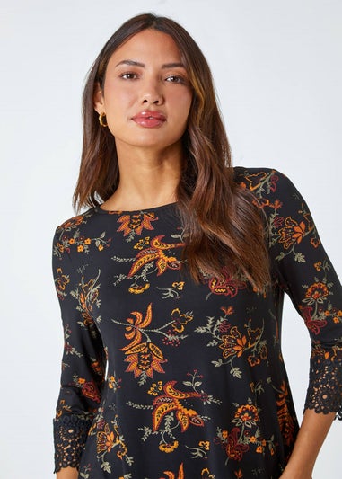 Roman Ochre Paisley Print Lace Trim Stretch Top