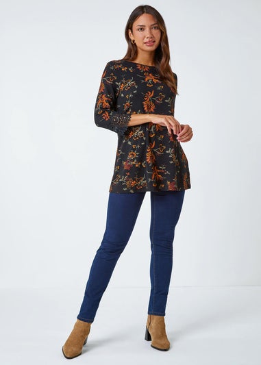 Roman Ochre Paisley Print Lace Trim Stretch Top