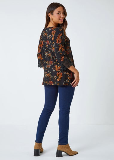 Roman Ochre Paisley Print Lace Trim Stretch Top