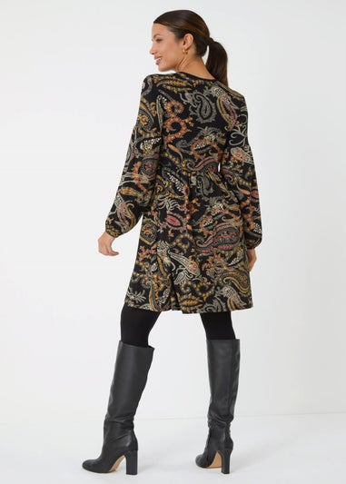 Roman Black Paisley Print Stretch Dress