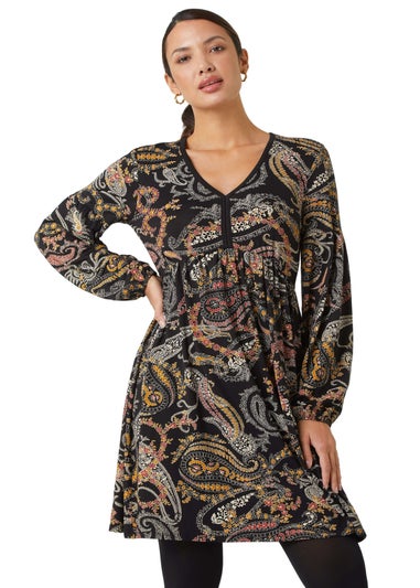 Roman Black Paisley Print Stretch Dress