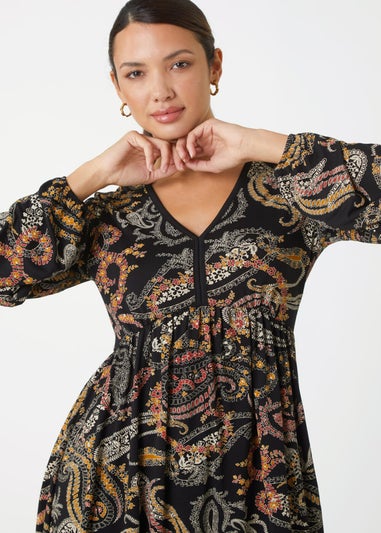 Roman Black Paisley Print Stretch Dress